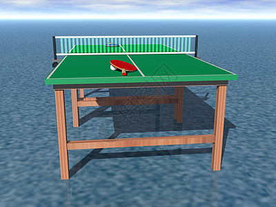 绿桌网状网球和电击运动乒乓游戏板游戏乒乓球红色竞技球拍跨越绿色图片