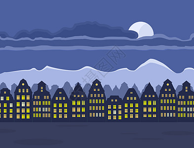 夜间旧城窗户城堡店铺插图月亮卡通片旅行运输市中心地平线图片