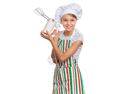 白衣女厨师厨房孩子女孩帽子手势美食服务青少年食物营养图片