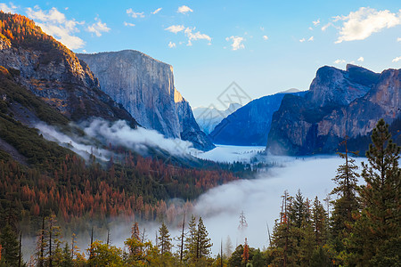 来自美国隧道视图的Yosemite 山谷地形岩石全景天空日落森林草地荒野旅游风暴图片