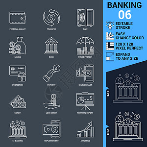 银行图标集 薄线矢量说明贷款气泡资金支付硬币金融信用收藏卡片电话图片