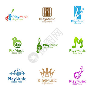 配有笔记和播放概念的音乐Logo媒体视频电影播送韵律记录歌手旋律派对唱歌图片