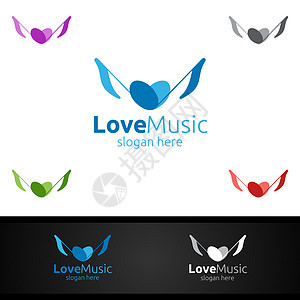 配有音符和爱概念的爱情音乐Logo脉冲嗓音韵律生产电视海浪技术视频商业工作室图片
