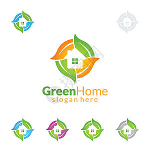 绿色家庭标志 不动产病媒标志设计 带有房屋和生态形状 以白色背景孤立的白种背景财产花园窗户药品精神住宅投资房地产插图冥想图片
