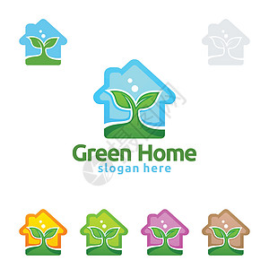 绿色家庭标志 不动产病媒标志设计 带有房屋和生态形状 以白色背景孤立的白种背景标识公寓花园住宅活动房子窗户瑜伽训练住房图片
