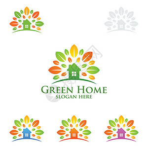 绿色家庭标志 不动产病媒标志设计 带有房屋和生态形状 以白色背景孤立的白种背景插图冥想建筑花园房子投资住宅建筑学药品窗户图片