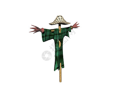 带着服装和帽子的彩色稻草人草帽绿色衣服木棍场地稻草图片