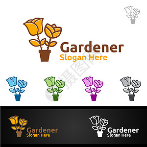 带有绿色园艺环境或植物农业设计的玫瑰花园园林Logo插图覆盖物草地雕塑小屋草本植物阴影玫瑰寝具后院滚筒图片