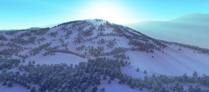 冬季森林山脉日落之上树叶阳光薄雾树木高地日出天气公园林地风景图片