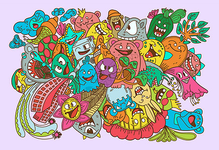 Doods 颜色 怪物收集集插图墙纸面孔动物派对卡通片漫画女孩叶子生物牙齿图片