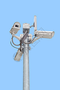 安保摄像头或监视摄影机组监控交通技术间谍视频镜片监视器建筑控制天空图片