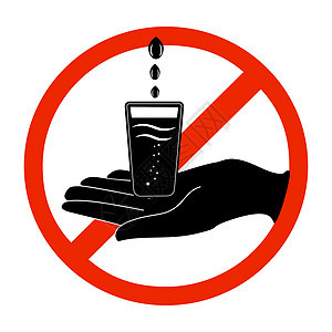 不要喝孤立在白色背景上的水标志 非饮用水 用水玻璃和手的红色圆圈标志圆形黑色环境木板警告生态禁令插图安全卡通片图片