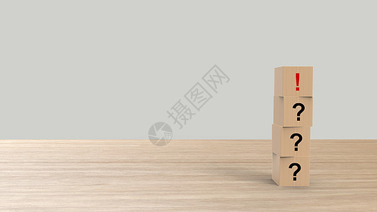 红色感叹号和黑色问号符号单词木制立方体在桌子上垂直于灰色光背景高清 模型 模板 文本的横幅复制空间 要小心 3d 渲染木头白色工图片