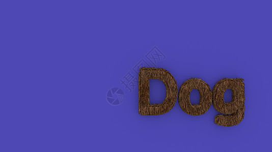 狗-紫罗兰色背景上的 3d 字棕色 呈现毛茸茸的字母 宠物毛皮 宠物店 宠物屋 宠物护理标志设计模板 兽医诊所和动物收容所无家可图片