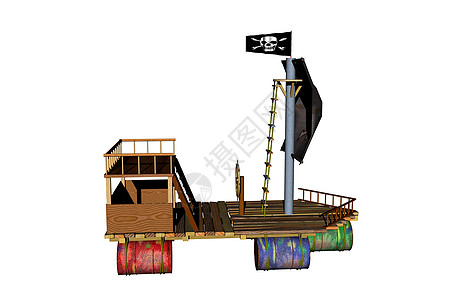 装有木帆和空锡桶的海盗木筏灯笼船只游泳帆船旗帜高清图片