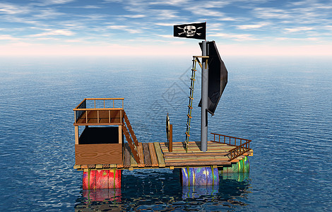 装有木帆和空锡桶的海盗木筏旗帜帆船游泳船只灯笼图片