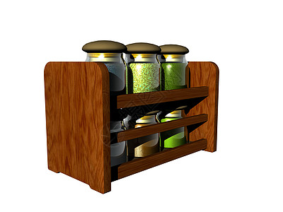装有罐子的木制香料架船只家具架子壁架脚步贮存棕色橱柜盒子图片