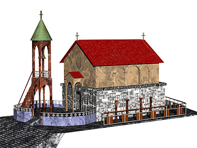 旧教堂和钟楼彩色尖顶脚步教会栏杆建筑楼梯玻璃窗屋顶背景图片