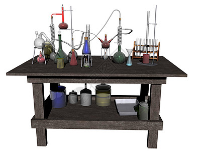 含有许多玻璃杯和化学品的实验室桌表船只眼镜科学实验台烧瓶瓶子研究试管桌子吸管背景图片