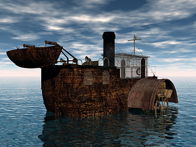 海上旧木板船轮船航海厨房烟囱汽船棕色舷窗船运救生艇游泳上层建筑图片