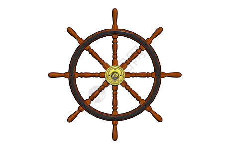 一艘帆船上的老旧木制方向轮瘢痕辐条航海把手棕色黄铜船轮金属背景图片