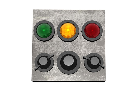 带有开关和彩色灯光的控制面板绿色红色指示灯黄色金属背景图片