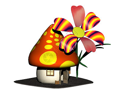 为花朵的侏儒提供彩色蘑菇屋红色房子黄色漫画背景图片