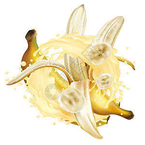 香蕉和一滴奶昔或酸奶美食产品饮食飞溅插图味道鞭打广告奶制品维生素图片