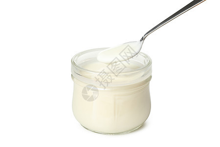 玻璃杯酸奶油酸奶酸奶酸和勺子 在白色背面隔离盘子烹饪小吃敷料饮食产品牛奶玻璃酸奶食物图片