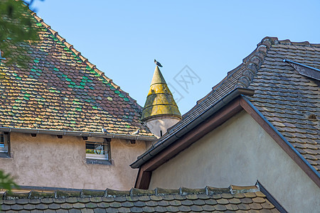 法国阿尔萨斯Obernai的老旧房屋城市蓝色天空房子牧歌景观历史旅游图片