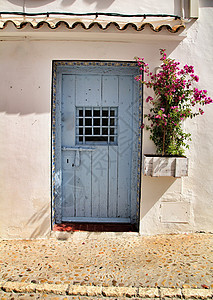 旧的 色彩多彩的蓝色木制门 有铁条木头乡村硬木合页房子风化古董入口历史建筑学图片