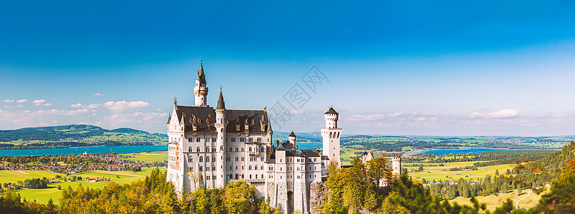 德国巴伐利亚纽施文斯坦城堡宫殿历史联盟悬崖文化旅游森林全景建筑学旅行纪念碑图片