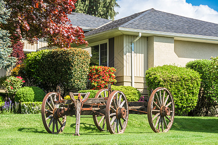 住宅社区前院 创造性地用旧马车环绕着老马车院子园林板车风格蓝色家庭草地植物装饰房子图片