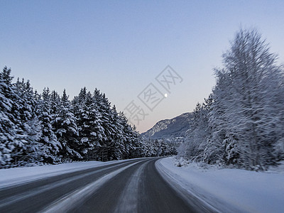 夜里驾车穿过挪威的山地和森林天气雪景暴风雪蓝色旅游交通速度爬坡极夜山脉图片