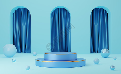 空蓝色圆柱形讲台 有金边框和球商业奢华框架平台工作室艺术小样圆柱球形插图图片