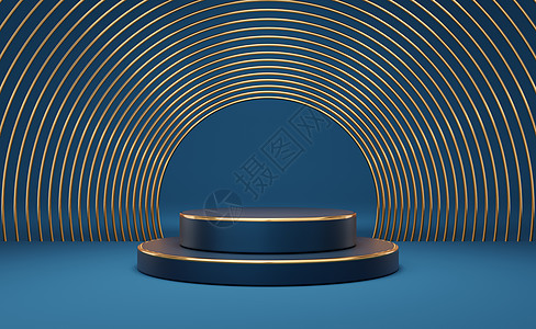 清空蓝色圆柱形讲台 有金边和黄金圆环 b木板插图推介会装饰金属工作室产品展示比赛奢华图片