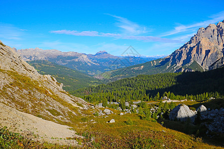 美丽的夏日风景 美妙的阿尔卑斯山和高山 多洛米特 意大利 欧洲天空树木中音地标教会旅行蓝色村庄晴天旅游图片