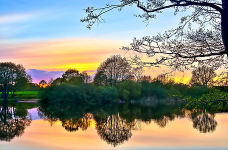 在湖边美丽的日落风景 带反射水太阳草地田园旅行涟漪地平线森林蓝色植物阳光图片