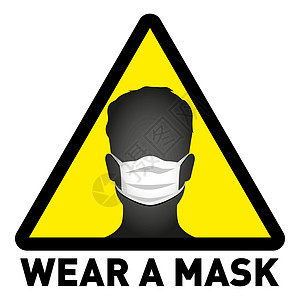 矢量注意标志 戴面具避免白色背景上的 covid-19 病毒黑色和黄色 警告或警告标志图片