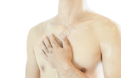 近身的英俊亚洲男子 在白面包上单独冲个淋浴男人头发奶油治疗胸部洗涤成人打扫卫生身体图片