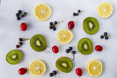 Currant Cornus和Dogberry 柠檬和kiwi 高角视图食物水果宏观枸子团体视角狗树浆果墙纸奇异果图片