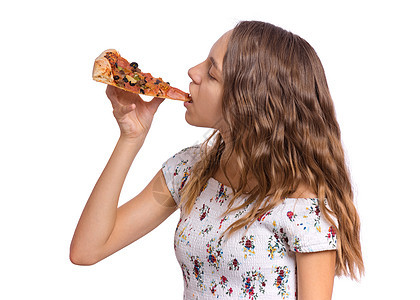 女孩的情感和食物乐趣微笑女性午餐青少年孩子饥饿小吃送货喜悦图片