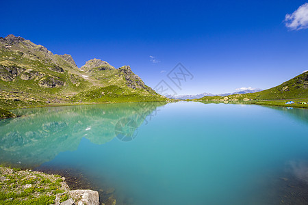 高山山脉湖风景和景观 蓝色美丽而惊人的湖泊全景天空背景岩石高山假期太阳反射海岸海滩石头图片