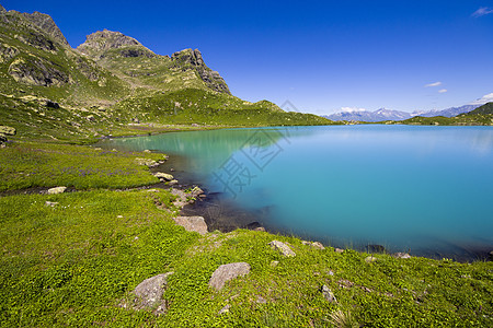 高山山脉湖风景和景观 蓝色美丽而惊人的湖泊全景太阳场地海岸假期环境高山反思石头反射海滩图片