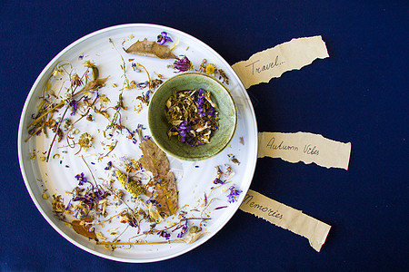 秋天的气息 干燥的植物和蓝色本底板上的花朵厨房乡愁艺术制品装饰奢华桌子收藏厨具陶瓷图片