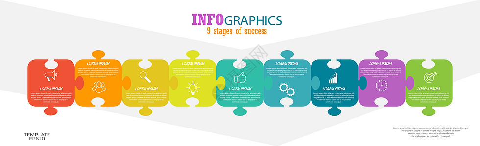 信息图表 带有视觉图标的概念模板 9个阶段战略商业生产报告反射训练顺序绘画命令营销图片