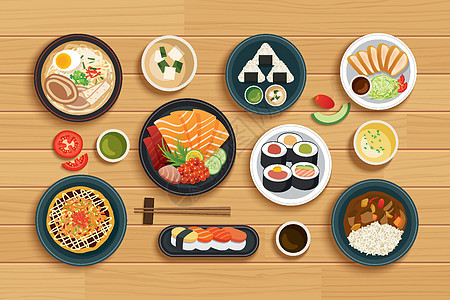 在顶视图木背景的日本食物木头菜单插图桌子餐厅寿司美食文化盘子午餐图片