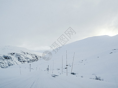 在挪威的雪路和风景中行驶交通森林小路木头旅行国家天气暴风雪乡村运输图片