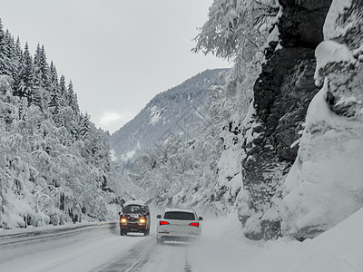 在挪威的雪路和风景中行驶小路运输季节暴风雪乡村国家交通森林天气旅行图片