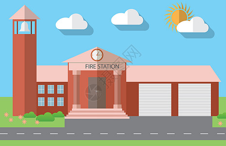 以平板设计风格显示消防站大楼的简单设计矢量图示 矢量图示服务救援窗户消防栓消防车房子绘画安全卡通片技术图片